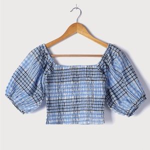 Delightful Disposition Blue Plaid Smocked Puff Sleeve Crop Top